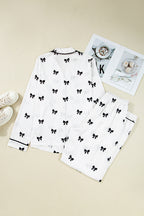 White Bows Print Two Piece Sleepwear