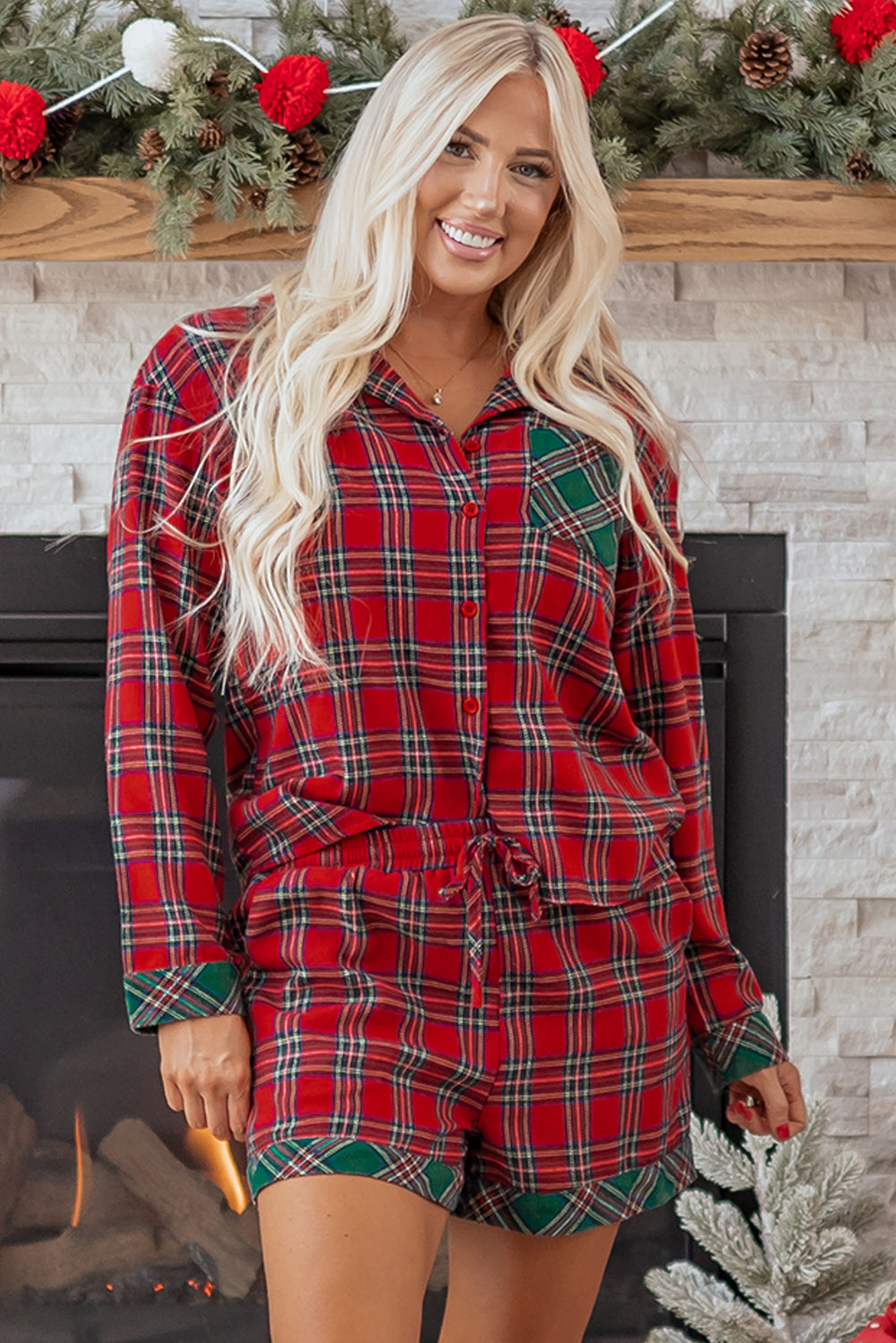 Dearlovers Women's Red Plaid Contrast Patched Christmas Holiday Long Sleeve Shirt and Short 2-Piece Pajama Set