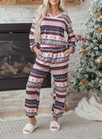 Black Retro Christmas Pattern Loose Pullover 2pcs Lounge Pant Set