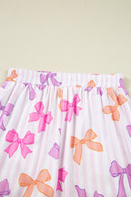 Pink Striped Bow Print Contrast Piping Trim Shirt and Pants 2pcs Pajama Set