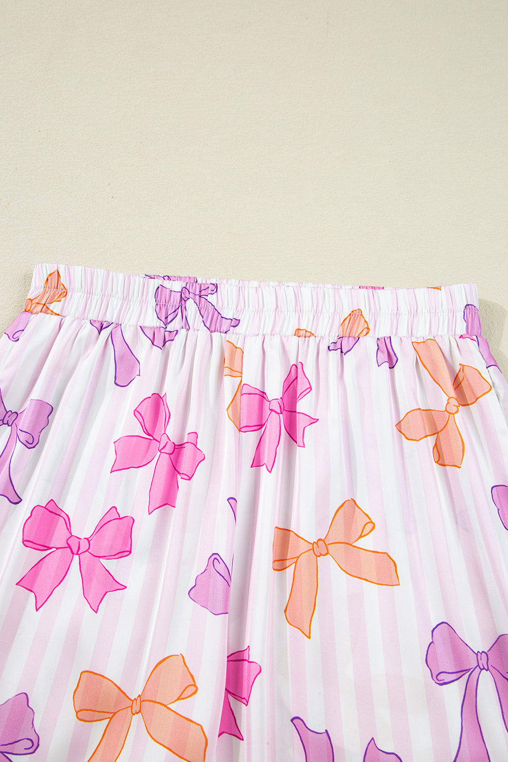 Pink Striped Bow Print Contrast Piping Trim Shirt and Pants 2pcs Pajama Set