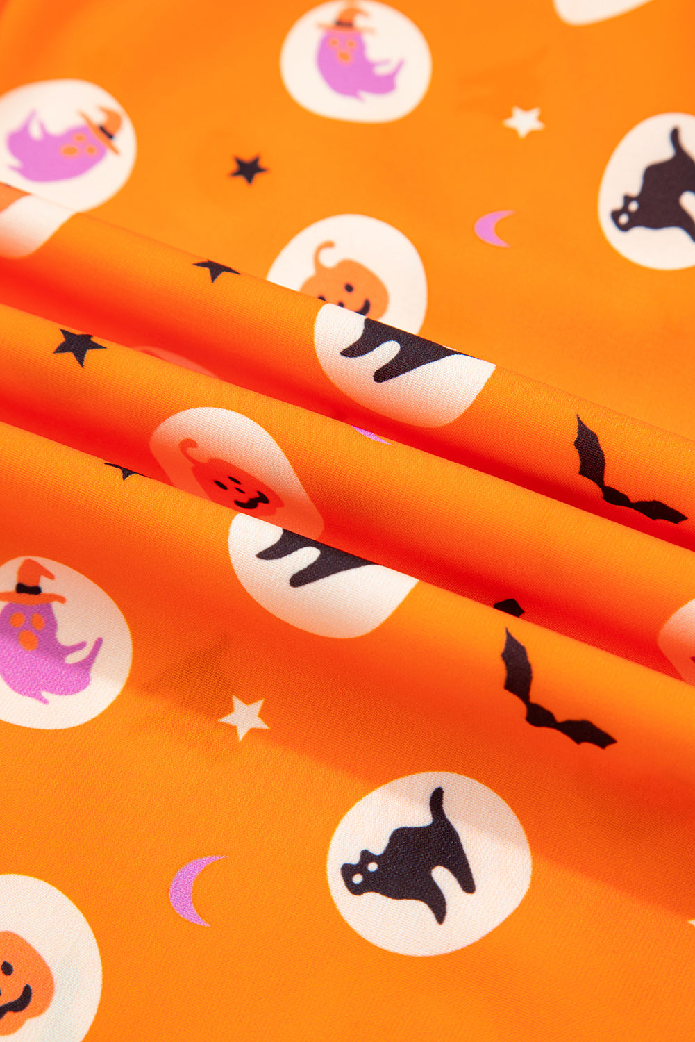 Orange Halloween Print Lapel Shirt Long 2pcs Pajama Set