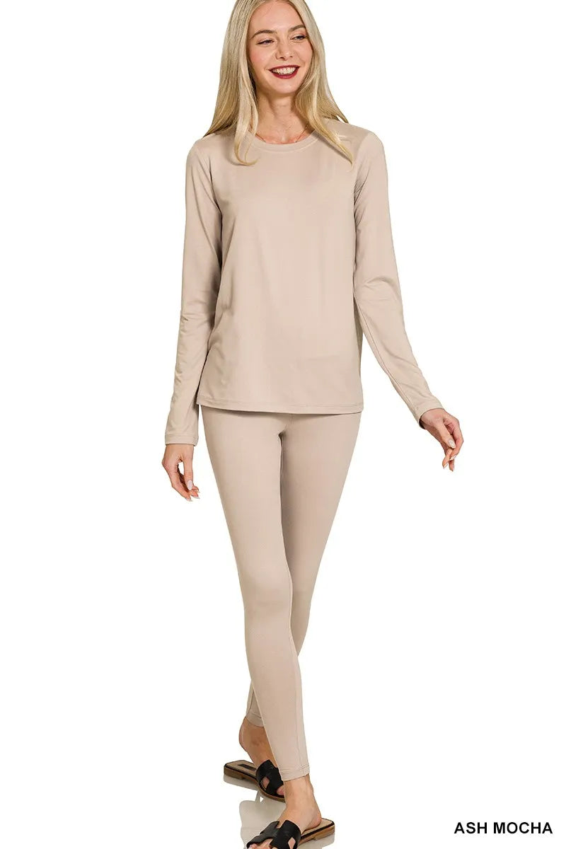 Zenana Microfiber Round Neck Top And Leggings Set