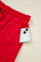 Fiery Red Varsity Striped Sleeve Drop Shoulder Sweatshirt and Short Set