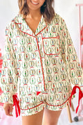 Festive Beige Nutcracker Print Silky 2-Piece Pajama Set with Contrast Trim and Tied Bow