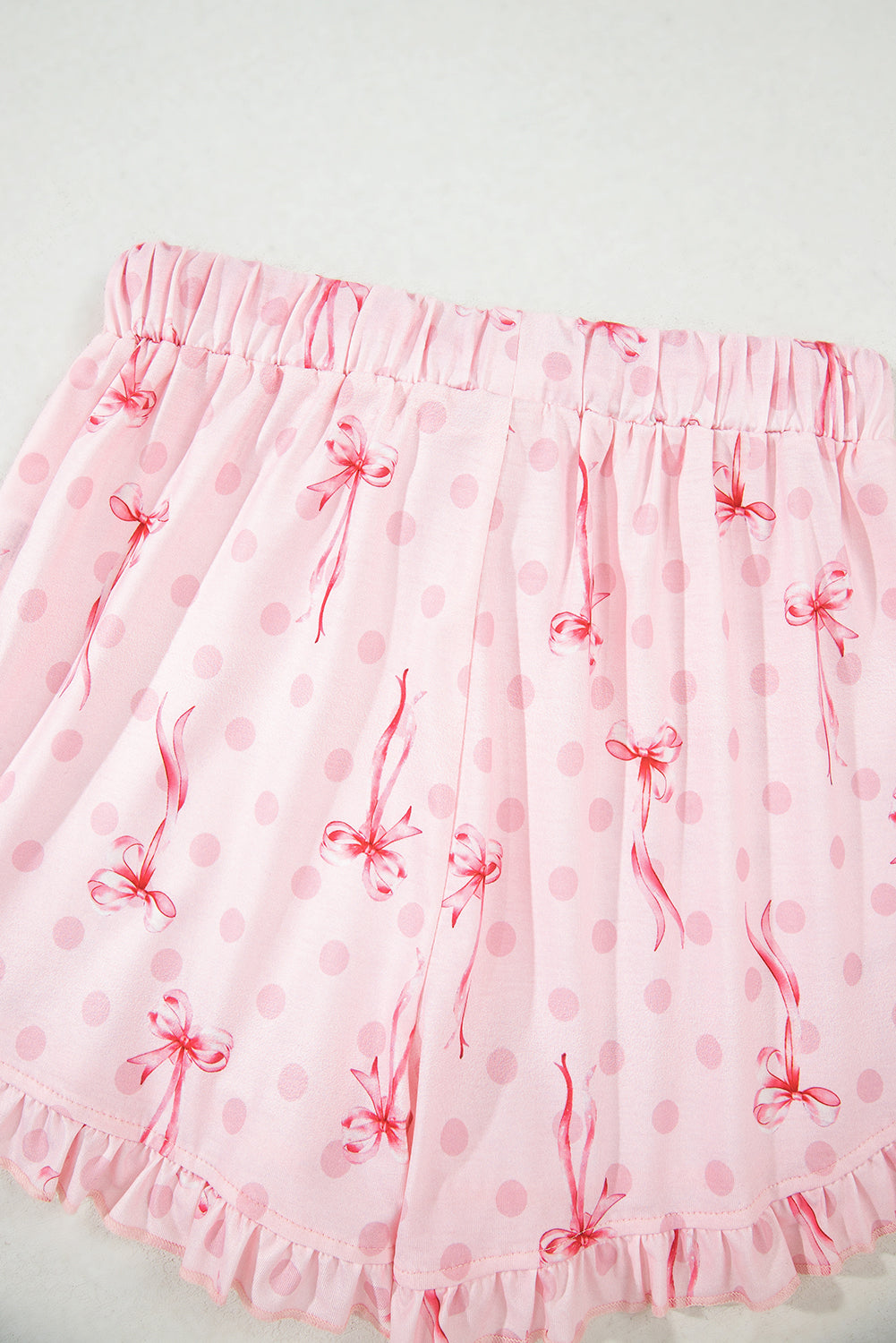 Pink Bow Print Contrast Pipping Short Pajamas Set