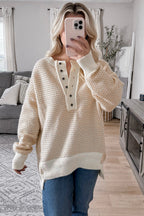 Oatmeal Contrast Ribbed Detail Henley Button Drop Shoulder Sweater