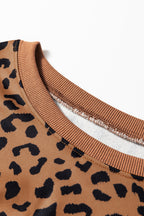 Khaki Stripe Color Block Patchwork Leopard Casual Sweatshirt with Slits