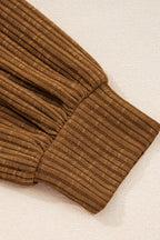 Brown Leopard Floral Print Ribbed Puff Sleeve Patchwork Loose Pullover