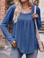 Pleated Square Neck Long Sleeve T-Shirt