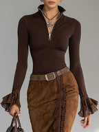 Women's Fitted Zip-Up Long-Sleeved Top & Faux Suede Skirt Set with Belt - Stylish & Comfortable