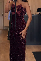 Red Dahlia Satin Bow Decor Sequin Strapless Long Party Dress