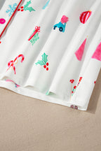 Festive White Christmas Print Lapel Shirt and Pants Sleepwear Set