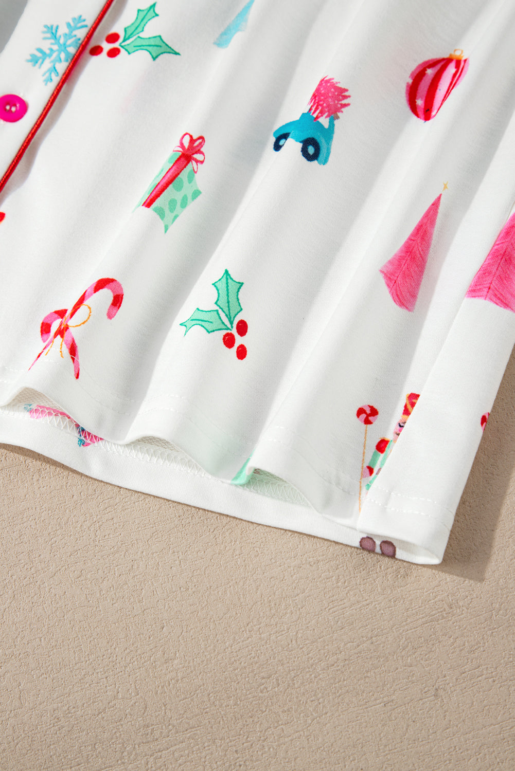 Festive White Christmas Print Lapel Shirt and Pants Sleepwear Set