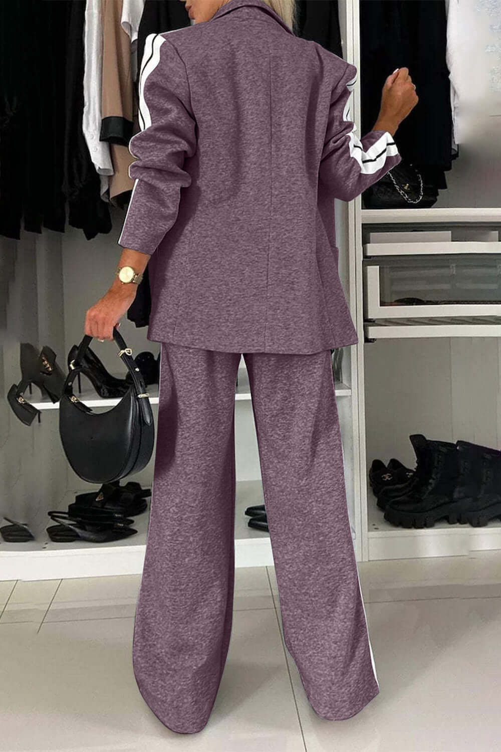 Chic Contrast Lapel Collar Buttoned Top and Pocketed Pants Two-Piece Set - 100% Polyester