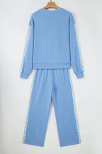 Beau Blue Floral Patchwork Drop Shoulder Pullover & Sweatpants Lounge Set - Cozy & Chic Loungewear