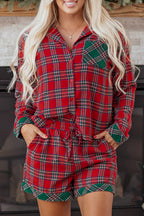 Dearlovers Women's Red Plaid Contrast Patched Christmas Holiday Long Sleeve Shirt and Short 2-Piece Pajama Set