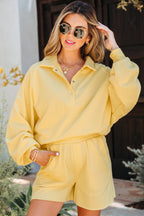 Yellow Cream Button Collar Drop Shoulder Pullover and Shorts 2pcs Outfit