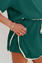 Evergreen Colorblock Edge Drop Shoulder T Shirt and Skort 2Pcs Set