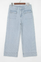 Sky Blue Stripe Button Flap Pocket Cuffed Hem Wide Leg Jeans
