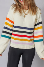 White Button Shoulder Detail Striped Print Drop Shoulder Sweater