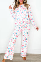 Festive White Christmas Pattern Long Sleeve Top and Wide Leg Pants Loungewear Set for Women