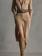 Women's Chic Brown Suede Midi Dress - Flattering Fit, V-Neck, Long Sleeves, Side Slits - Perfect for Fall/Winter Casual & Evening Wear