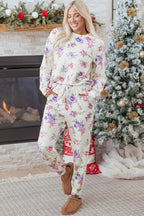 Apricot Floral Print Pullover Drawstring Lounge Pants Set