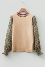 Apricot Floral Patchwork Shirred Cuff Puff Sleeve Sweater