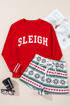 Fiery Red Snowflake Print Long Sleeve Wide Leg Lounge Set for Women - Festive Holiday Sleepwear