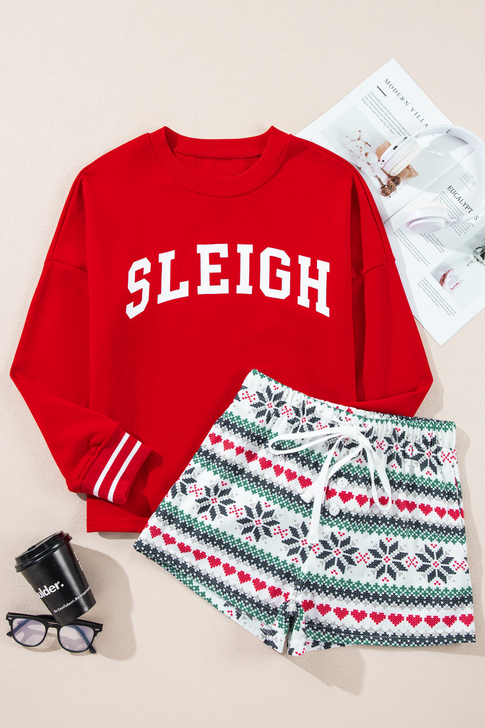 Fiery Red Snowflake Print Long Sleeve Wide Leg Lounge Set for Women - Festive Holiday Sleepwear