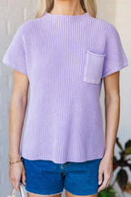 Lavendula Mineral Wash Ribbed Knit Patched Pocket Short Sleeve Loose Sweater