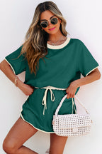 Evergreen Colorblock Edge Drop Shoulder T Shirt and Skort 2Pcs Set