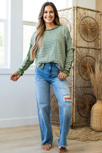 Green Stripe Thermal Knit Drop Shoulder Casual Top