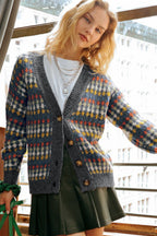 Gray Dotty Pattern Knit Button Front V Neck Sweater Cardigan