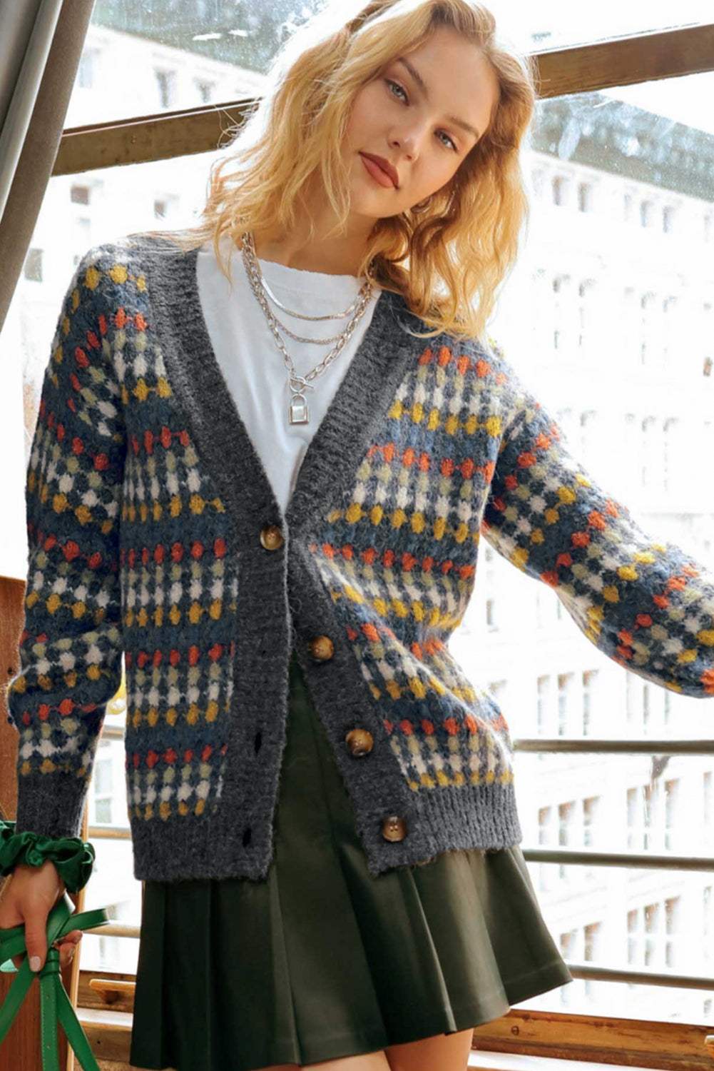 Gray Dotty Pattern Knit Button Front V Neck Sweater Cardigan