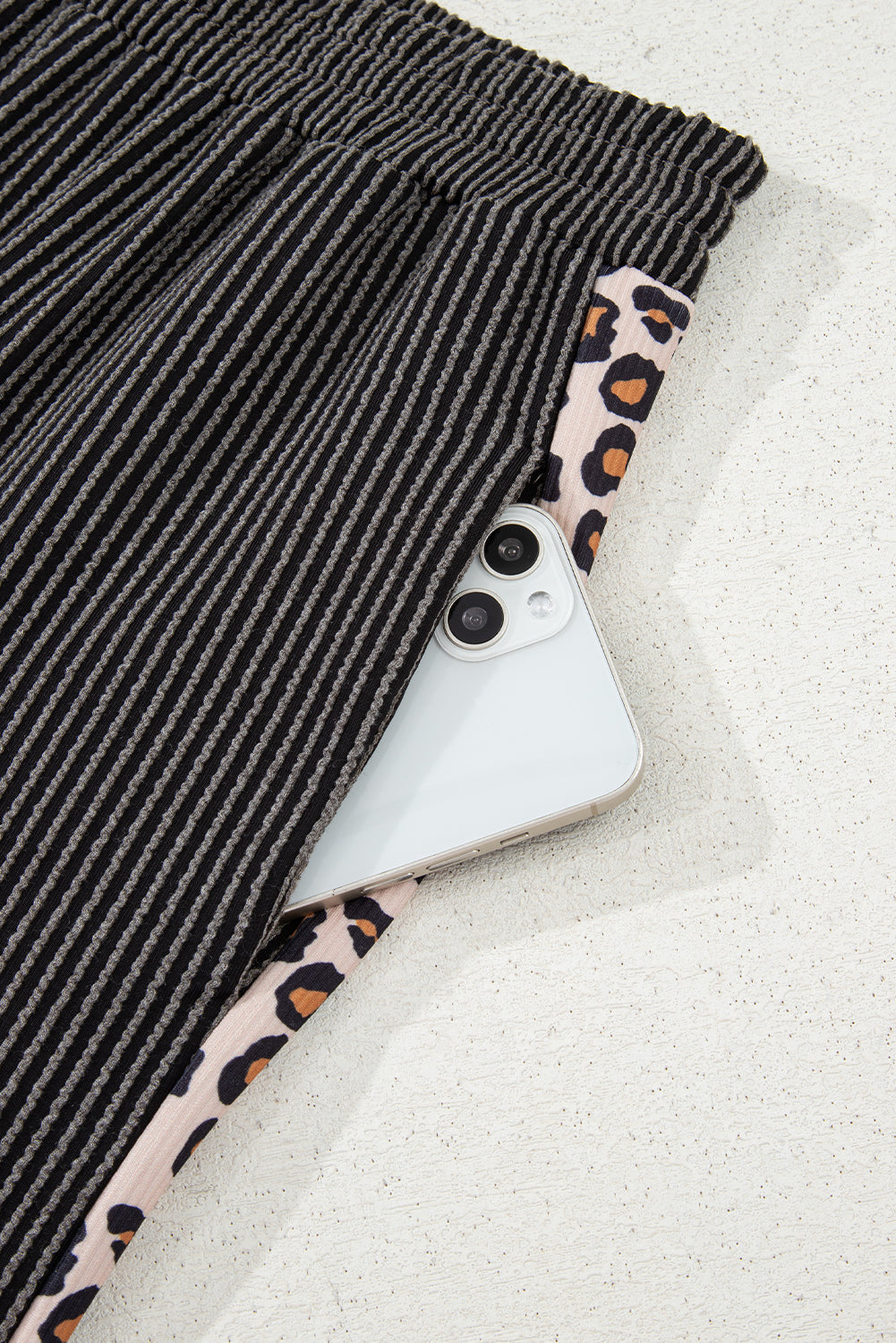 Carbon Grey Leopard Patchwork Edge Twisted Rib T Shirt and Cropped Pants Set