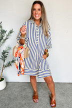 Blue Stripe Collared Half Button Side Pockets Loose Fit Mini Dress
