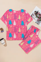 Festive Rose Christmas Tree Print V-Neck Tee and Cozy Pants Lounge Set for Daily Wear
