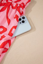 Chic Pink 2-Piece Bow Print Shirt Style Long Sleeve Pajama Set for Women