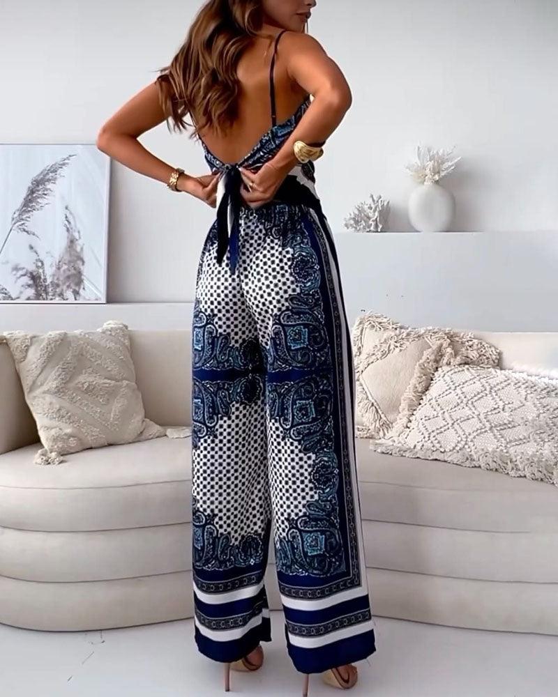 Chic Printed Lace-Up Vest & Pants Set - Two-Piece Casual Outfit for Daily, Holiday, and Going Out
