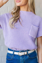 Lavendula Mineral Wash Ribbed Knit Patched Pocket Short Sleeve Loose Sweater