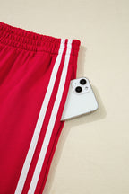 Fiery Red Varsity Striped Detail Crewneck Pullover Elastic Sweatpants 2pcs Outfit