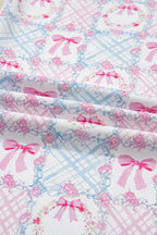 Festive Pink Bow Wreath Pattern Christmas Holiday Tied Front Long Sleeve 2-Piece Pajama Set