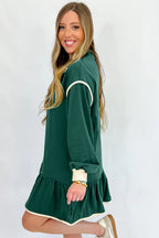 Evergreen Contrast Trim Zip Collar Long Sleeve Ruffle Hem Mini Dress