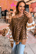 Khaki Stripe Color Block Patchwork Leopard Casual Sweatshirt with Slits