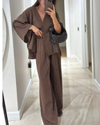 Women's Casual V-Neck Top and Matching Pants Two-Piece Set for Daily, Holiday, and Going Out