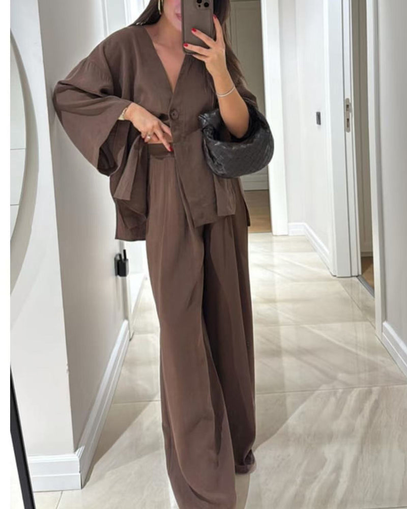 Women's Casual V-Neck Top and Matching Pants Two-Piece Set for Daily, Holiday, and Going Out