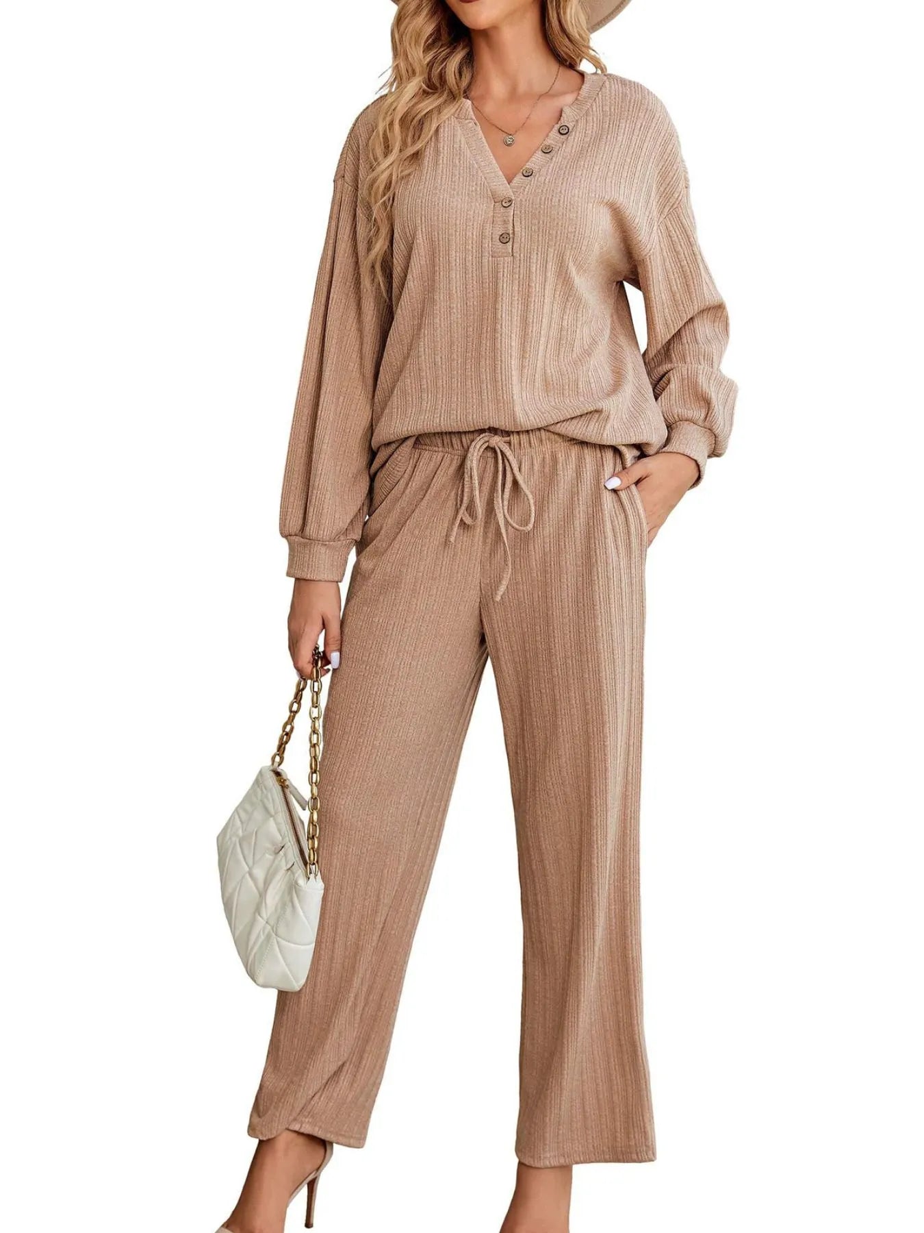 Ribbed Knit Top and Pants Lounge Set with Button Detail