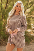 Brown Checkerboard Long Sleeve Pullover and Shorts Set